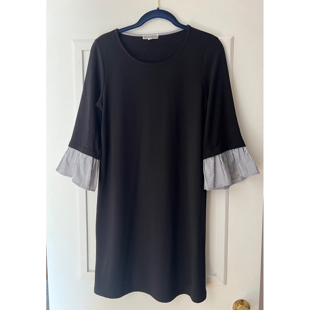 Pleione Womens Black Shift Dress Pinstripe Bell Sleeve Knit Round Neck Size S